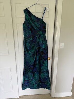 Adrianna Papell One-Shoulder Teal and Navy Printed Gown